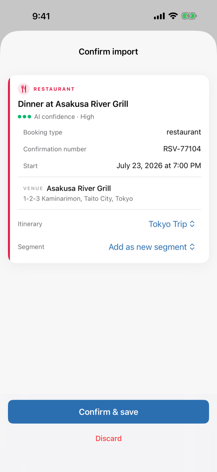 Tripfy AI import review screen
