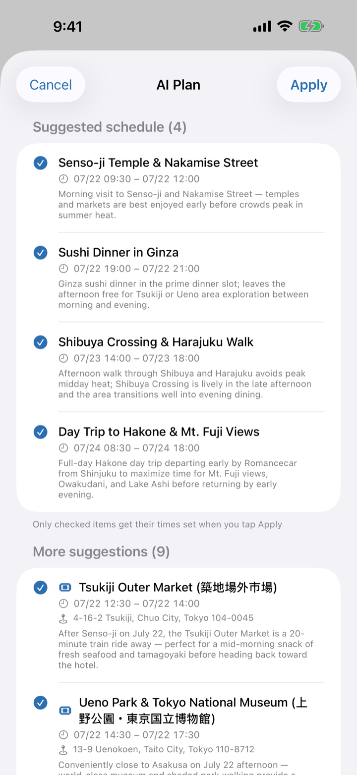 Tripfy AI day plan screen