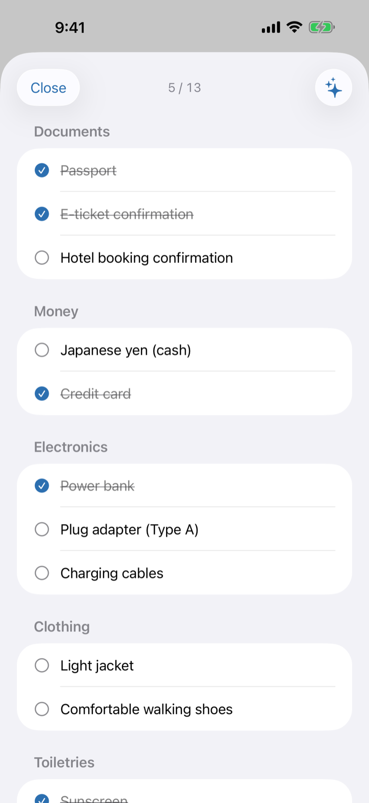 Tripfy AI packing list screen